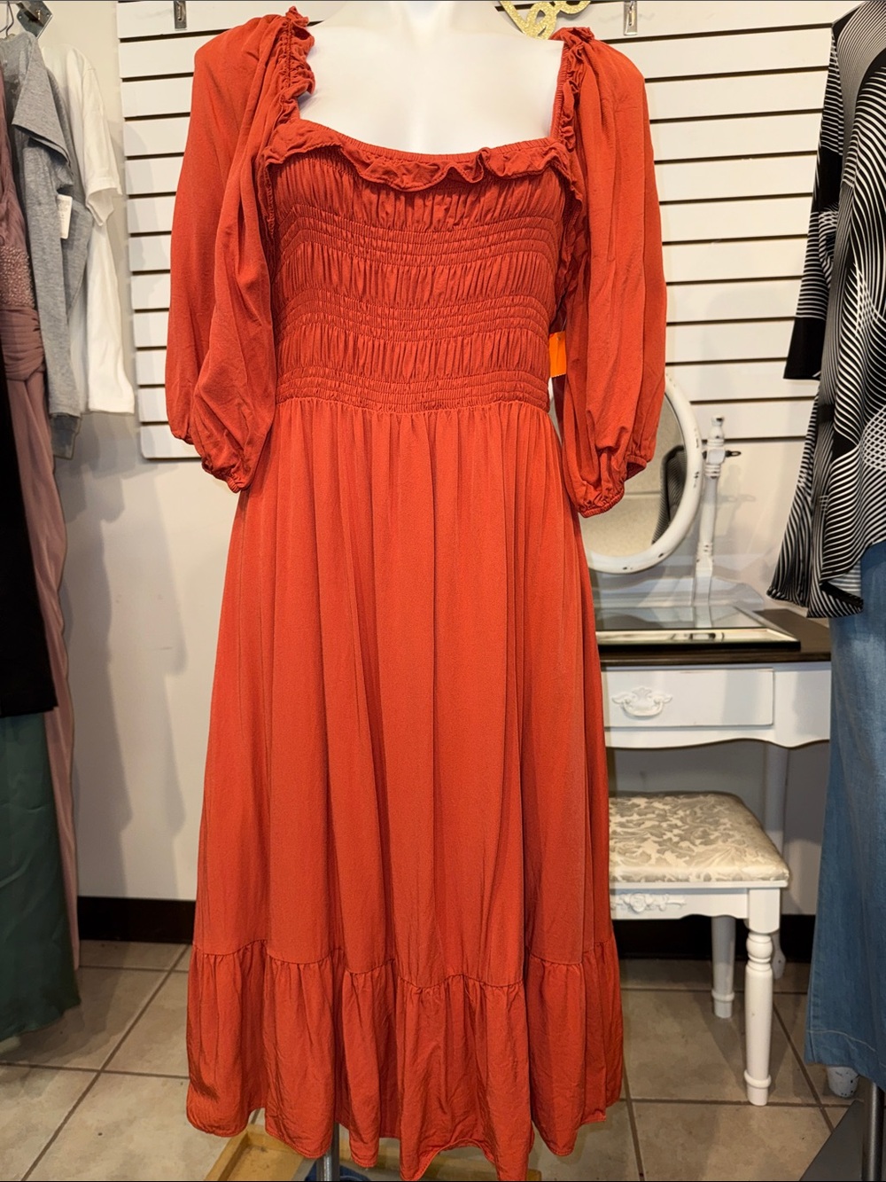Women's Smocked Square-Neck Midi Dress in Terracotta